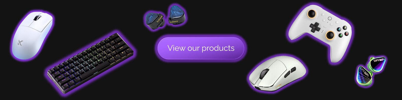 Banner with multiple peripherals like gaming mouse, keyboard, IEM and controller